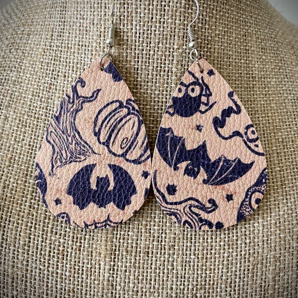 Festive and Spooky Faux Leather Teardrop Earrings